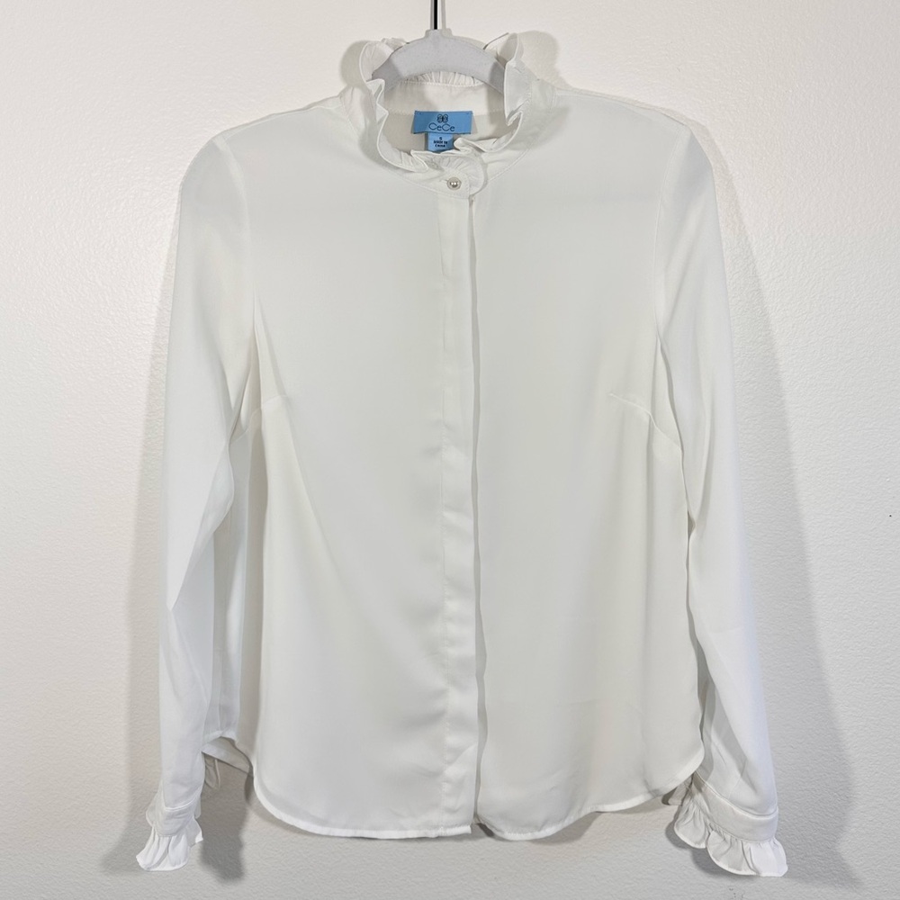 CeCe White Victorian-Style Ruffle Neck Blouse Size S Pearl Button